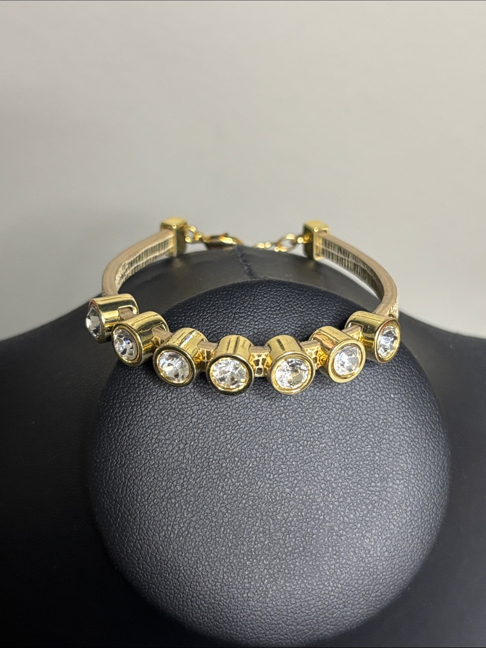 Juicy Couture Gold Crystal Station Bracelet Print Leather Shiny Gold Finish